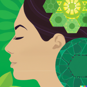 A sleek and minimalist image portraying a woman's half-face in profile, her skin radiant and glowing. In the background, abstract representations of lifestyle elements like yoga, green leafy vegetables