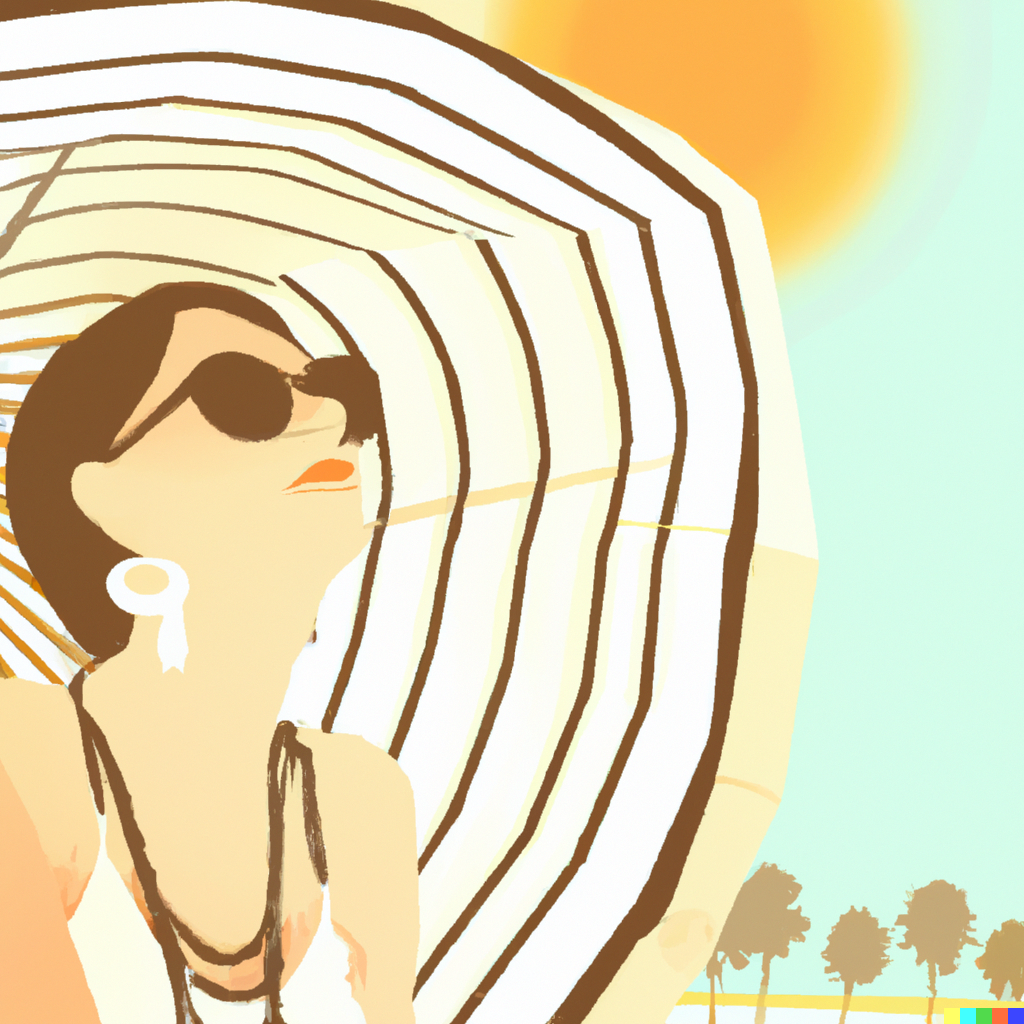 A stylish, vintage-inspired illustration of a glamorous woman sitting under a grand, intricately designed parasol on a sunny beach. She is dressed in a chic sun hat and oversized sunglasses,